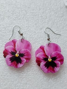 Hand Crafted Pink Pansy Flower Drop Earrings